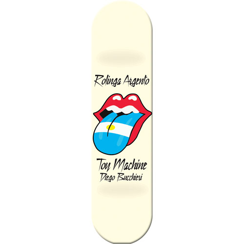 Toy Machine Bucchieri Rolinga skateboard deck: Parody of the Rolling Stones tongue-and-lips logo, with the tongue painted as the Argentine flag in light blue and white with a yellow sun. Handwritten-style text sits above and below on a cream background.