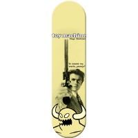 Toy Machine Bucchieri Lucky skateboard deck: Black and white film-still style photograph of a man aiming a long-barrelled revolver at the viewer, with a line of Greek text beside him and a horned Toy Machine monster at the bottom, on pale yellow.