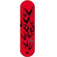Pig Bats Red skateboard deck: Plain red deck with a swarm of black bats flying upwards in a stream from tail to nose, and a small logo at the base.