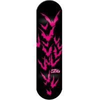 Pig Bats Black skateboard deck: Black deck with a flock of hot pink bat silhouettes streaming down the length of the board, with a small pink hand-lettered signature logo near the tail.