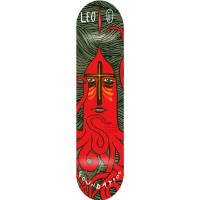 Foundation Leo Squid skateboard deck: Dark green deck with a red squid-like figure whose face has a gold cross on a bishop-style hat, sad orange-marked eyes and tentacles curling around it, against scratchy green hair-like lines. Name at top and brand along the tail.