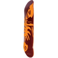 Foundation F Skeleton Orange Rail skateboard deck: Large stylised skeleton drawn in bold orange shapes on a dark maroon deck, with a skull at the nose and ribs and limbs running down the board. Small Foundation star and moon logo at the tail.