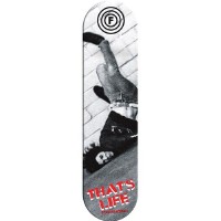 Foundation Thats Life skateboard deck: Black and white photo of a skater upside down against a brick wall, with a circular Foundation F logo at the top and red 'That's Life' lettering at the bottom.