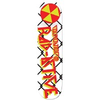 Foundation Cheapo Rad-Active skateboard deck: Red and yellow fallout shelter style radiation symbol at the nose over a black chain-link fence, with large red and yellow 'Rad-Active' lettering running down a white deck.