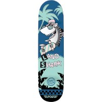 Foundation Cheapo Land Shark skateboard deck: A cartoon shark in a cap and sunglasses rides a pastel skateboard on land among palm trees. Ransom-note style letters spell the title, with a checkerboard band and palm silhouettes below.