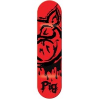 Pig Bloody Pig Red skateboard deck: Large black brushed pig's head with a dripping snout on a bright red deck, with dripping 'Pig' lettering at the tail.