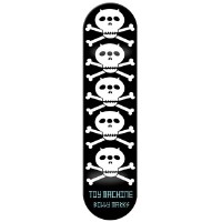 Toy Machine Marks Three Eyed Skull skateboard deck: Five white cartoon skulls with crossbones stacked vertically down a black deck, each with oval dark eyes and small horns. Toy Machine and rider name printed at the bottom.