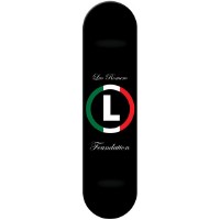 Foundation Leo Heritage skateboard deck: A black deck with a circle in the colours of the Italian flag (green, white, red) enclosing a white letter L, with script text above and below.
