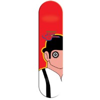 Foundation Duffel Droog skateboard deck: A flat, graphic half-face of a man in a black bowler hat and braces with one eye drawn as a spiky eyelash-ringed target, on a red deck. A small logo sits above the hat. Evokes A Clockwork Orange.