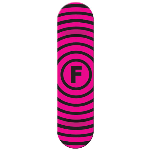 Foundation Pink Vertigo skateboard deck: Concentric black rings radiate out from a black letter F inside a circle, on a hot pink deck, forming a vertigo-style spiral target pattern.