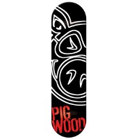 Pig Wood Neon Black skateboard deck: Large white outline of a pig's face, cropped at the edge, on a black deck, with PIG WOOD in stencil-style red lettering at the tail.
