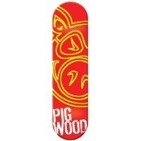 Pig Wood Neon Red skateboard deck: A yellow neon-style outline of the Pig face logo with angry eyes and snout on a red deck, with 'PIG WOOD' in white stencil lettering at the bottom.