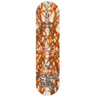 Foundation Leo Jacobs skateboard deck: A symmetrical tribal-style pattern of white dotted symbols and crosses over layered, overlapping brushstrokes in orange and brown on a cream deck. Hand-lettered rider and brand text sits near the bottom.