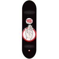 Foundation Leo High Five skateboard deck: A drawn open hand in a red circle with radiating lines, above a red speech bubble reading HIGH FIVE!, on a black deck with a small red logo at the bottom.