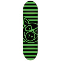 Pig Stripe Deck Green skateboard deck: Black and green horizontal stripes with a large green and black Pig head logo, a line-drawn pig with glasses-like eyes, in the middle.