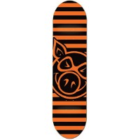 Pig Stripe Deck Orange skateboard deck: Black and orange horizontal stripes across the whole deck, with a large outline Pig head logo with sunglasses in orange on black over the lower half.
