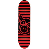 Pig Stripe Deck Red skateboard deck: Black and red horizontal stripes with a large black pig head logo outlined in red in the centre of the deck.
