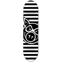 Pig Stripe Deck White skateboard deck: Bold black and white horizontal stripes across the deck, with a large Pig head logo in a circle in the middle, drawn in simple heavy lines with pointed ear and sunglasses-style eyes.