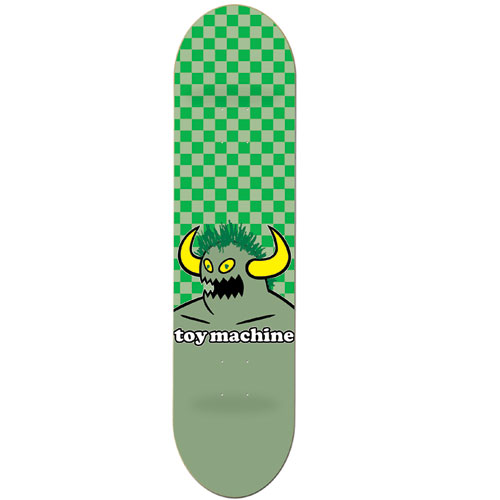 Toy Machine Monster Check skateboard deck: Green horned monster with yellow horns and spiky hair, shown from the chest up, above a 'toy machine' wordmark. A green checkerboard fills the upper half and the lower half is plain sage green.