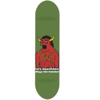 Toy Machine Bucchieri Monster skateboard deck: Red horned demon figure with a moustache, bound in rope across its muscular chest, shown from the chest up on an olive green deck above 'toy machine' and 'diego the butcher' lettering.