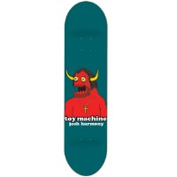 Toy Machine Harmony Monster skateboard deck: Red horned monster with yellow eyes, long hair and a gold cross necklace on a teal deck, with toy machine and josh harmony printed in white below.