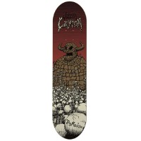 Toy Machine Johnny Layton Rock Monster skateboard deck: A giant horned rock monster built of stone blocks looms over a vast field of skulls, with Layton in bone-style lettering at the top. The background fades from deep red to cream.