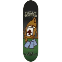 Toy Machine Billy Marks Dealer skateboard deck: A brown one-eyed Toy Machine monster peeks over a playing card showing a spade while fanned cards lie on a green card table. Billy Marks and Toy Machine are lettered in cream, over a black-to-green background.