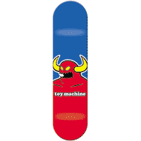 Toy Machine Monster Small skateboard deck: Deck split blue above and red below, with the Toy Machine monster, a red horned head with yellow horns and a jagged mouth, across the middle above the toy machine lettering.