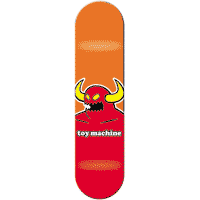 Toy Machine Monster Mini skateboard deck: Deck split orange above and red below, with the Toy Machine monster, a red horned head with yellow horns and a jagged mouth, across the middle above the toy machine lettering.