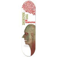 Toy Machine Templeton Face skateboard deck: Profile of a green-skinned bald head facing left with red-shaded eyes, below a cluster of red dots at the top. Toy Machine and Ed Templeton text set vertically on a white deck.