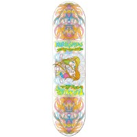 Toy Machine Stephens PinStripe skateboard deck: A psychedelic white deck with mirrored swirling tendril patterns in orange, pink and blue at each end, and a central illustration of a figure in a hooded cloak between two bands of green graffiti-style lettering.