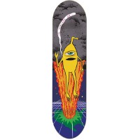 Toy Machine Peace Sells skateboard deck: A yellow one-eyed creature with a bent antenna stands on a column of orange flames rising from a green blob over a purple neon grid, beneath a grey smoky sky with a white streak.