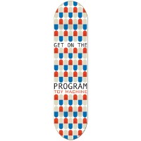Toy Machine Program skateboard deck: A repeating pattern of red, blue and cream pill capsules covers a white deck, broken by the slogan 'Get on the Program' in black type, with Toy Machine in red beneath.