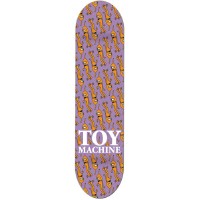 Toy Machine Multi Sect Purple skateboard deck: Lilac deck covered in a repeating pattern of small orange cartoon characters with big eyes, slanting across the board. White Toy Machine lettering sits in a stacked block near the tail.