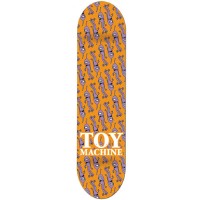 Toy Machine Multi Sect Orange skateboard deck: Orange deck covered in a repeating pattern of small purple cartoon characters with big eyes, slanting across the board. White Toy Machine lettering in a stacked block near the tail.