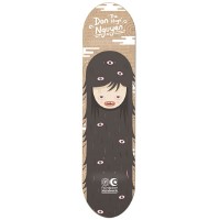 Foundation Nguyen Secret Beast skateboard deck: A cartoon girl's face with long black hair covering the whole deck and scattered small eyes in the hair, on a brown cardboard-textured top section with white cloud shapes. Name text in white at the top.