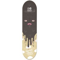 Foundation Stehr Secret Beast skateboard deck: A dark brown blob-like creature with a sad pink mouth and small eyes drips down onto a cream, cactus-like base dotted with white clouds. A small logo sits near the nose and a script signature near the tail.