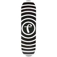 Foundation Vertigo Fiberlam skateboard deck: Concentric black and white rings radiate outward from a central circle containing a lower-case script letter f, creating a hypnotic vertigo effect over the whole deck.