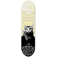 Foundation Rusczyk Cat Lore skateboard deck: A grey tabby cat with a halo and long dark fur, like a robed monk, sits below concentric rings and a pale moon-like emblem on a cream upper half. The lower half is black with swirly grey lettering.