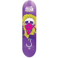 Foundation Stehr Bandit skateboard deck: A white skull in a pink paisley bandana, with a curly yellow wig-like mane, sits above a hook and a small box on a purple deck. Rider name in white lettering at the nose.