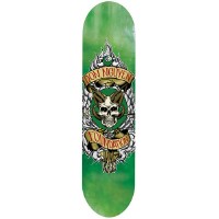 Foundation Nguyen Pool Hall skateboard deck: A horned skull sits inside a ring of rope and wings, with scrolled banners above and below carrying names, on a mottled green deck in a tattoo-style crest.