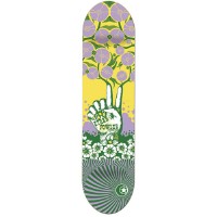 Foundation Fowler Freedom Fist Two skateboard deck: Psychedelic screenprint style design of a raised hand making a peace sign, rising from white flowers below a tree of lilac circular blossoms on yellow. A green sunburst pattern fills the tail with a small round logo.
