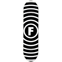 Foundation Vertigo Black skateboard deck: Black and white concentric rings radiating outwards from a central circle holding a bold white letter F, forming a vertigo-style spiral.