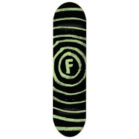Foundation Vertigo Green Highlighter skateboard deck: Hand-drawn, wobbly concentric rings in pale green on black, spiralling out from a central circle holding a rough letter F.