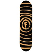Foundation Vertigo Orange Highlighter skateboard deck: Hand-drawn, wobbly concentric rings in orange on black, spiralling out from a central circle holding a rough letter F.
