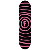 Foundation Vertigo Pink Highlighter skateboard deck: Hand-drawn pink concentric spiral rings radiating across a black deck, with a chunky letter F inside a circle at the centre.