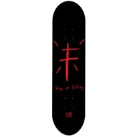 Foundation KOR Red Foil skateboard deck: Rough hand-drawn red cross shape with short radiating lines above handwritten text on a black deck, with a small logo at the base.