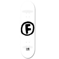 Foundation Doodle F White skateboard deck: A plain white deck with a large black hand-drawn letter F inside a rough circle, and a small logo near the tail.