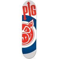 Pig 7.5 MOD skateboard deck: Red Pig head logo inside a large blue and white target-style roundel, with the red PIG lettering and an up-and-down arrow at the top on a white ground.