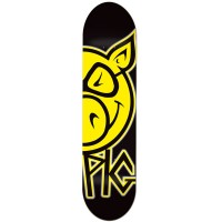 Pig 7.5 CORE skateboard deck: Large yellow pig head with a smirking face, cropped by the left edge of the deck, over black. The brand name in outlined yellow block lettering runs below.